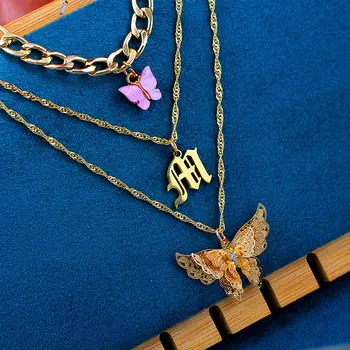 Flatfoosie 3ks/Set Zlatá Farba Motýľ Choker Náhrdelník pre Ženy Móda Viacvrstvových List Prívesok Náhrdelník Šperky Strany Darček