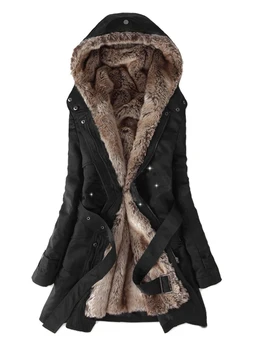 Zimná Bunda Ženy Hrubé Umelú Kožušinu Teplé Bundy A Coats Slim Oblečenie Žena Black Kapucňou Plus Veľkosť 3XL Bežné Outwear Jeseň