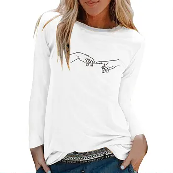 Dve Ruky Tlač Dlhý Rukáv T-shirts Ženy Jeseň Zima 2020 Grafické Tees Streetwear White O Krk Oblečenie Femme Ropa Mujer