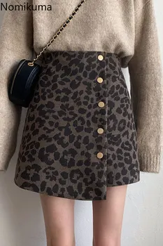 Nomikuma Streetwear Vysoký Pás Leopard Sukne Ženy Jeseň Nové Bočné Tlačidlá Nepravidelný Retro Mini Sukne Ženy Faldas Mujer 3d086
