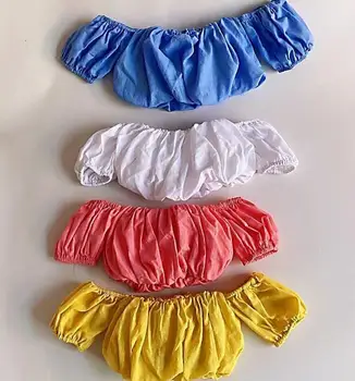 Letné Bavlnené dievčenské Pláži Lístkového Rukáv Krku Linajkované Elastické Lolita Pupok Top girls topy