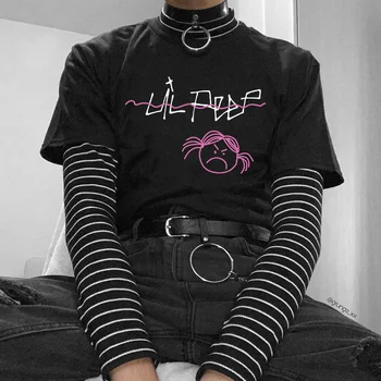 Čierne tričko Biele Lil Peep Bežné Hip Hop Rapper Krátky Rukáv Streetwear Lete Goth Vintage T-shirt Ženy Voľné Harajuku Tees