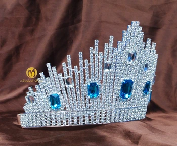 Modré Crystal Miss Universe Sprievod Tiaras Veľké Korún Jasné Drahokamu Headpiece Svadobné Svadobné Prom Party Kostýmy