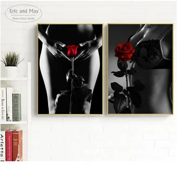 Nahé Dievča s Red Rose Plátno Maľovaní Plagátov A Tlačí na Steny Umenie Fotografie Pre Obývacia Izba Dekorácie Domova Plakat