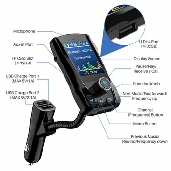 Bluetooth Auta, FM Vysielačom Farebný Displej MP3 Prehrávač Hudby voľné Ruky, Radio do Auta, Adaptér Duálny USB Nabíjačka Pre iOS a Android