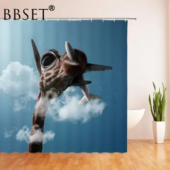 Cartoon Zvieratá Sprchový Záves Blue Sky Roztomilý Zábavné Žirafa Lietadiel Vzor Vodotesný, Multi-veľkosť Douchegordijn Kúpeľňa Decor