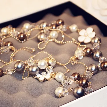 Luxusné slávny camellia tri-tier sveter reťazca náhrdelník módne crystal pearl ruže kvet náhrdelník pre ženy strany