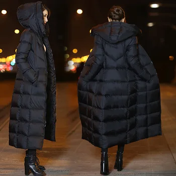 Ženy s Kapucňou Nadol Bunda Zimná Dlho Dole Kabát Vysoko Kvalitné Čierna Každodenné Bežné Outwear SMD-0366