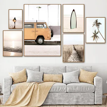 Orange Autobus, Pláž, More, Kokosové Strom Surfovanie Wall Art Plátno Na Maľovanie Nordic Plagáty A Vytlačí Na Stenu Obrázky Obývacia Izba