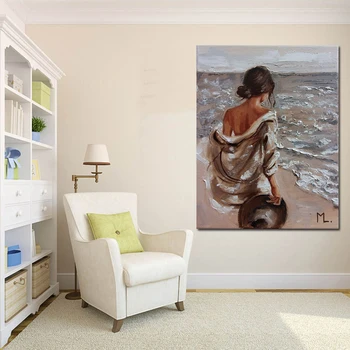 Maliarske Plátno Obývacia Izba Dekorácie Olejomaľba Plagát PrintNaked Ramene, Dievča S Klobúkom V Ruke, Ktorým Čelí Vlny Frameless