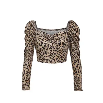 Ženy Leopard Tlač Plodín Topy Príčinné Dlhý Rukáv V Krku Obväz Krátke Tričká Žena blusas mujer de moda 2019