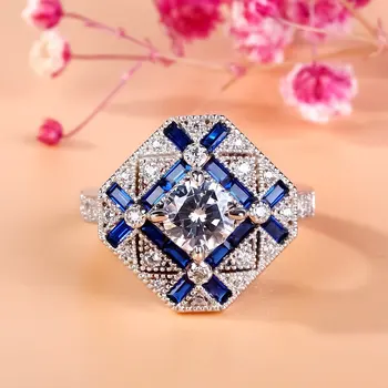 Luxusné Geometrie Veľké Prstene Pre Mužov, Ženy 925 Silver Blue Biely Zirkón Zásnubný Prsteň Muž Birthstone sapphire krúžok