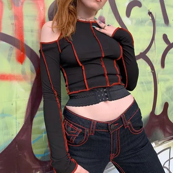 2020 Dlhý Rukáv Patchwork Vystrihnúť Sexy Plodín Top Jeseň Zima Ženy Móda Streetwear Oblečenie Tričká Tees