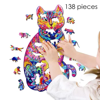 Drevené Puzzle Pre Dospelých, Deti 138 Kusov Záhadná Mačka DIY Každý Kus Je Zviera Tvarované Puzzle, Interaktívne Hry, Hračky