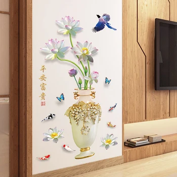 3D Pokojné Bohatstvo Lotus Váza DIY Nálepky na Stenu ako Samolepiace Čínske Slovo Odtlačkový Domova Obývacia Izba Kuchyňa Spálňa Tapety