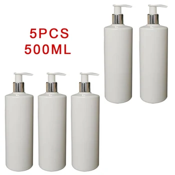 5PC 500 ml Ploché Ramenný Plastové PET Fľaše (500 ml Ploché Ramenný Biela + Strieborné-biela Hlave Čerpadla)