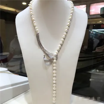 Ručne viazané 8-9mm prírodná biela usadenina perlový náhrdelník dlhý sveter reťazca módne šperky