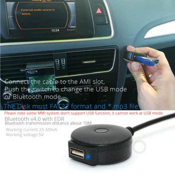 AtoCoto Bluetooth, AUX Prijímač, Kábel s USB Adaptér pre VW Audi A4 A5 A6, Q5 Q7 Pred rokom 2009, Media Audio Vstup AMI MDI MMI 2G