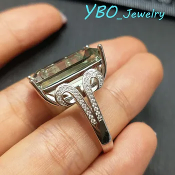 YBO, Obdĺžnik, kruh veľké prírodné zelené quartz 15*20 mm 23ct v 925 sterling sivler s 18k bielym zlatom jednoduché, elegantné krúžok