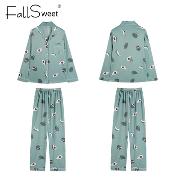 FallSweet Vytlačené Pyžamá pre Ženy Dlhý Rukáv Sleepwear Zase Dole Golier Lougewear