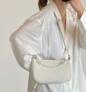 Móda ženy taška perla malých zips dievča messenger taška cez rameno reťazca bageta biela žena vintage roztomilý taška jisyu88