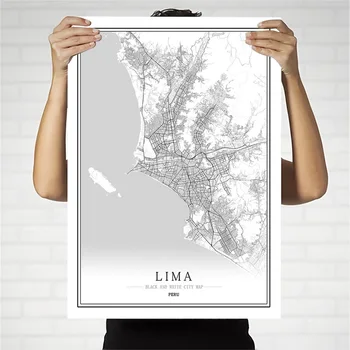 Peru Tvorivé mape mesta Lima Abstraktné Maliarske Plátno, Čierne a biele Steny Umenia, Tlače, Plagát, Obraz, Domáce Dekorácie Maľovanie