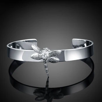 Móda 925 Silver Dragonfly Otvorená Manžeta Náramok Náramok Pre Ženy, Svadobné Party Strieborné Šperky