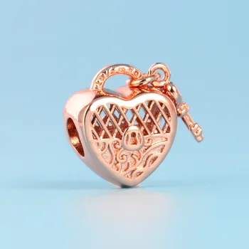 Nové 925 Sterling Silver Openwork Korálky Rosegold Láska Srdce Zámok Charms Fit Pôvodné Pan Kúzlo Náramok Pre Ženy DIY Šperky
