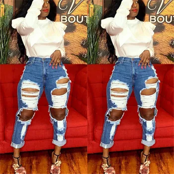 Ženské vysoký pás džínsy hot predaj žien roztrhané džínsy módne slim nohavice dámske rovné džínsy strapce dámske ležérne džínsy