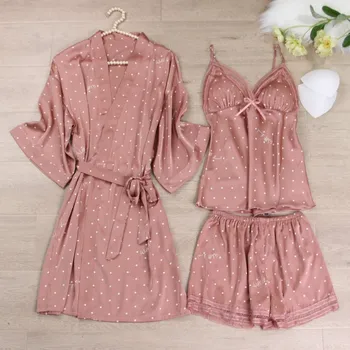 Ružový Tlač Dot Svadobné Rúcho Nastaviť Sleepwear Bežné Intímne Bielizeň Nightgown Nightdress Mäkké Oblečenie Pre Voľný Čas Doma Oblečenie Kimono Šaty