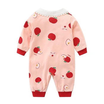 Dojčatá Detské Oblečenie Baby Dievča Oblečenie Vyhovovali Dlhý Rukáv Ovocie Apple Tlač Roztomilý Romper Peter Pan Golier Batoľa Dievčatá Remienky