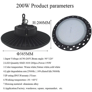 100W 150W 200W Banícka lampa UFO highbay LED priemyselné osvetlenie vodeodolné IP65 stropné svietidlo skladu továreň na čítanie
