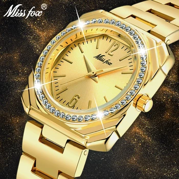 MISSFOX 2020 Elegantné dámske Hodinky, Luxusné Značky Námestie 18K Zlata Žena Náramkové hodinky Ženy Quartz Nepremokavé Klasické Hodinky Geneva