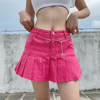 2020 Nový Kórejský Denim Skladaná Sukňa Ženy Lete Sexi Elastické Vysoký Pás Sukne Nad Kolená Tenký Mini Bežné Pás Streetwear