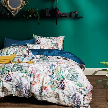 TUTUBIRD Zelená pastoračnej posteľná bielizeň Luxusná posteľná bielizeň z Egyptskej bavlny nastaviť dievčatá kvetinová čistá mäkké listy Saténové obliečky kryt prehoz cez posteľ