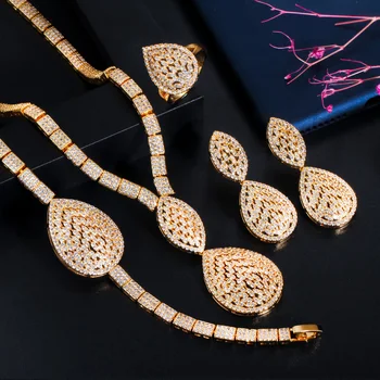 ThreeGraces Luxusná Zlatá Farba Dubaj Svadobné Svadobné Šperky Cubic Zirconia Veľký Pokles Náhrdelníky Náušnice, Náramok, Prsteň Súpravy TZ509