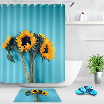 Kvitne Žlté Slnečnice Zelenej Listovej Modrá Sprchové Závesy Kúpeľňa Opony Nepremokavé Polyesterové Tkaniny pre Vaňou Domova