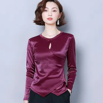 Kórejský Hodvábne Blúzky Ženy Saténová Blúzka Tričko Plus Veľkosť Žena Pevné Dlhý Rukáv, Blúzky, Duté Sa Topy Blusas Mujer De Moda 2020
