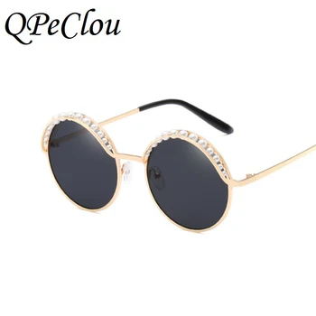 QPeClou Vintage Okrúhle Slnečné Okuliare Ženy 2019 Luxusné Značky Dizajnér Perly Slnečné Okuliare Žena Zrkadlo Okuliare Oculos Gafas