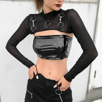 Ženy Gotický Sexy Extra Krátke tričká Oka Dlhý Rukáv Streetwear Kryt Top Solid Black Tees, Nočný Klub, Cool Tričko Hot Predaj