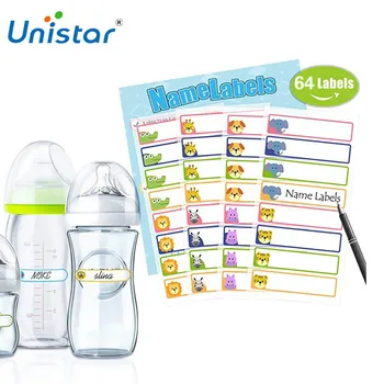 Unistar 64 Kusov Baby Bottle Štítky pre Daycare Multi Color Nepremokavé Napísať Meno Štítky Najlepšie pre Školy Samolepiace Nálepky