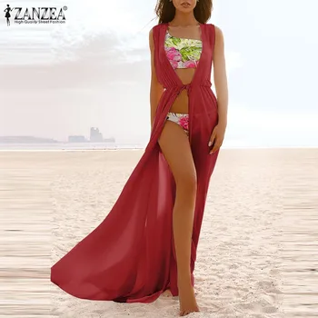 Pláž Sexy Cardigan Lete Pevné bez Rukávov ZANZEA Ženy Femme Blúzky Príležitostné Voľné Elegantná Čipka Košieľka Sundress Plus Veľkosť