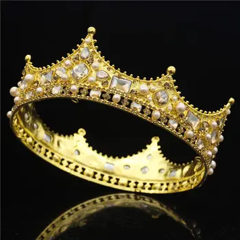 Barokový Kráľovná Kráľ Tiara Koruny pre Svadobné Svadobné Vlasy, Šperky Crystal Diadem Prom Headpiece Big Gold Tiaras a Koruny, Nevesta