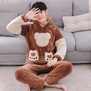 2019 pánske Luxusné Pyžamo s Kapucňou Celý Rukáv Zime Teplé Hrubšie Ženy Salónik Oblečenie, oblečenie pre voľný čas Roztomilý Kreslený Medveď Pyžamo homme