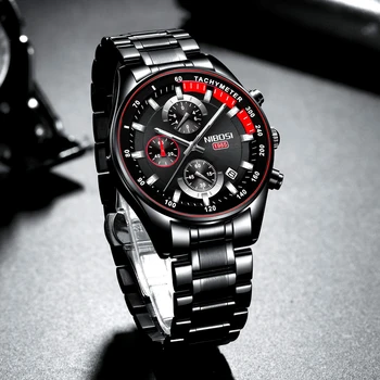 Chronograf NIBOSI 2020 Luxusné Značky Sledovať Mužov Black Sporst Mužov Vodotesné Hodinky z Nerezovej Ocele Kapela Alalog Náramkové hodinky Relogios