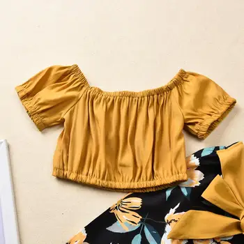 1-4Y Lete Dieťa Dieťa Dievčatá Oblečenie vyráža Ramenný Tričká Topy+Bowknot Kvetinový Tlač Nohavice 2ks