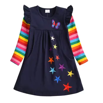 Dxton Dievčatá Dlhý Rukáv Šaty Deti Zimné Oblečenie Rainbow Deti Šaty Butterfly Šaty pre Dievčatá, Baby Girl Šaty 2-8 Rok