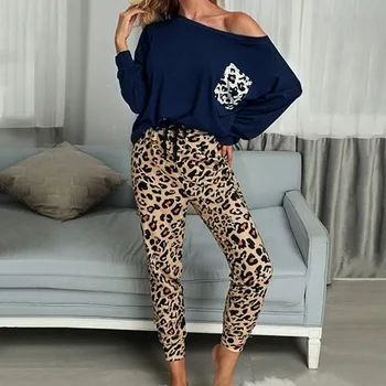 2020 Leopard Oblečenie Pre Voľný Čas Vyhovuje Ženy Jeseň Bežné Tričká Šnúrkou Tepláky Salónik Nosiť Módne Pajama Stanovuje Pružná Sleepwear