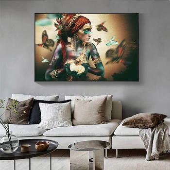 Africká Žena s Butterfly Plátne, Obrazy na Stenu, Umenie Plagáty A Tlačí Farebné Čierne Dievča Umenie Obrázok Domáce Dekorácie