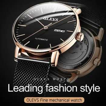 OLEVS Značky pánske Automatické Mechanické hodinky Švajčiarsko Náramkové hodinky Business Nepremokavé Kože a Oka Popruh Pánske Hodinky